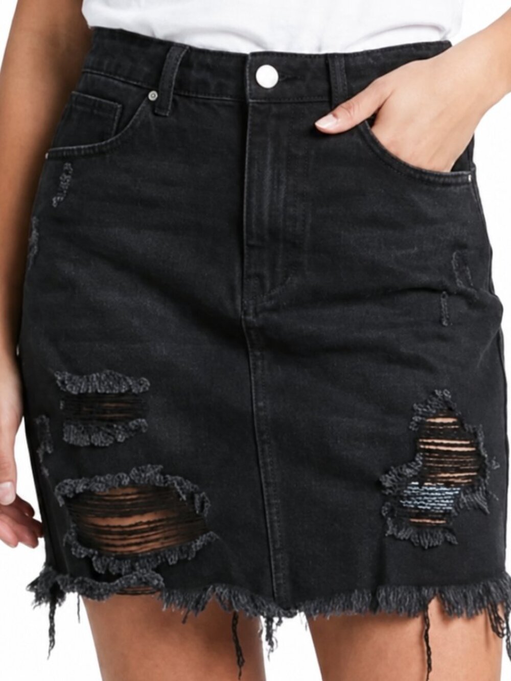 Small Black Distressed Denim Mini Skirt Raw Hem High Rise Frayed Jean Skirt